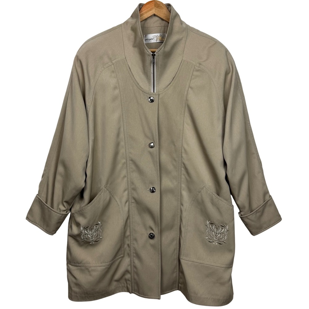 Villaiì Pret a Porter Italy Silk Blend Embroidered Coat Womens L Beige Old Money